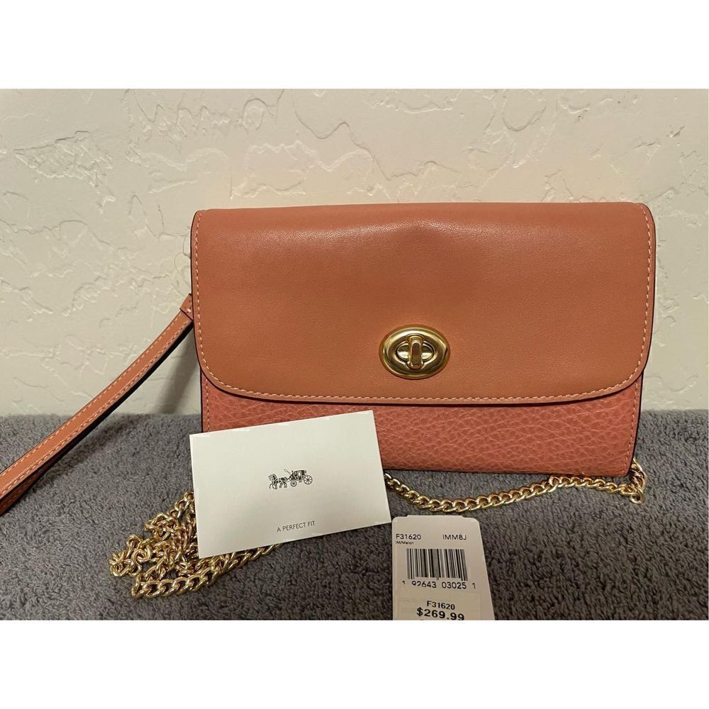 Coach Leather Chain Crossbody Melon/Gold Wristlet Clutch Handbag F31620 NWT - Picture 11 of 13